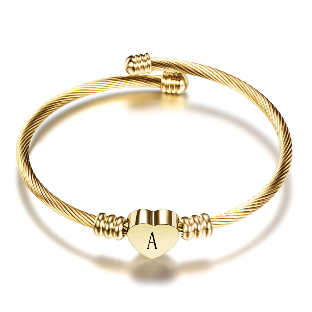 Personalized Stainless Steel Gold Silver Women Open Cuff Heart Bangle Bracelet With 26 Alphabet Letters