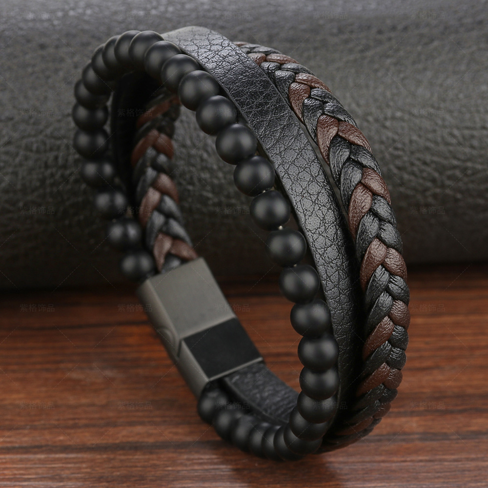 Mens DIY Black And Brown Leather Gemstone Black plated Stainless Steel Clasp Bracelet For Wholesale