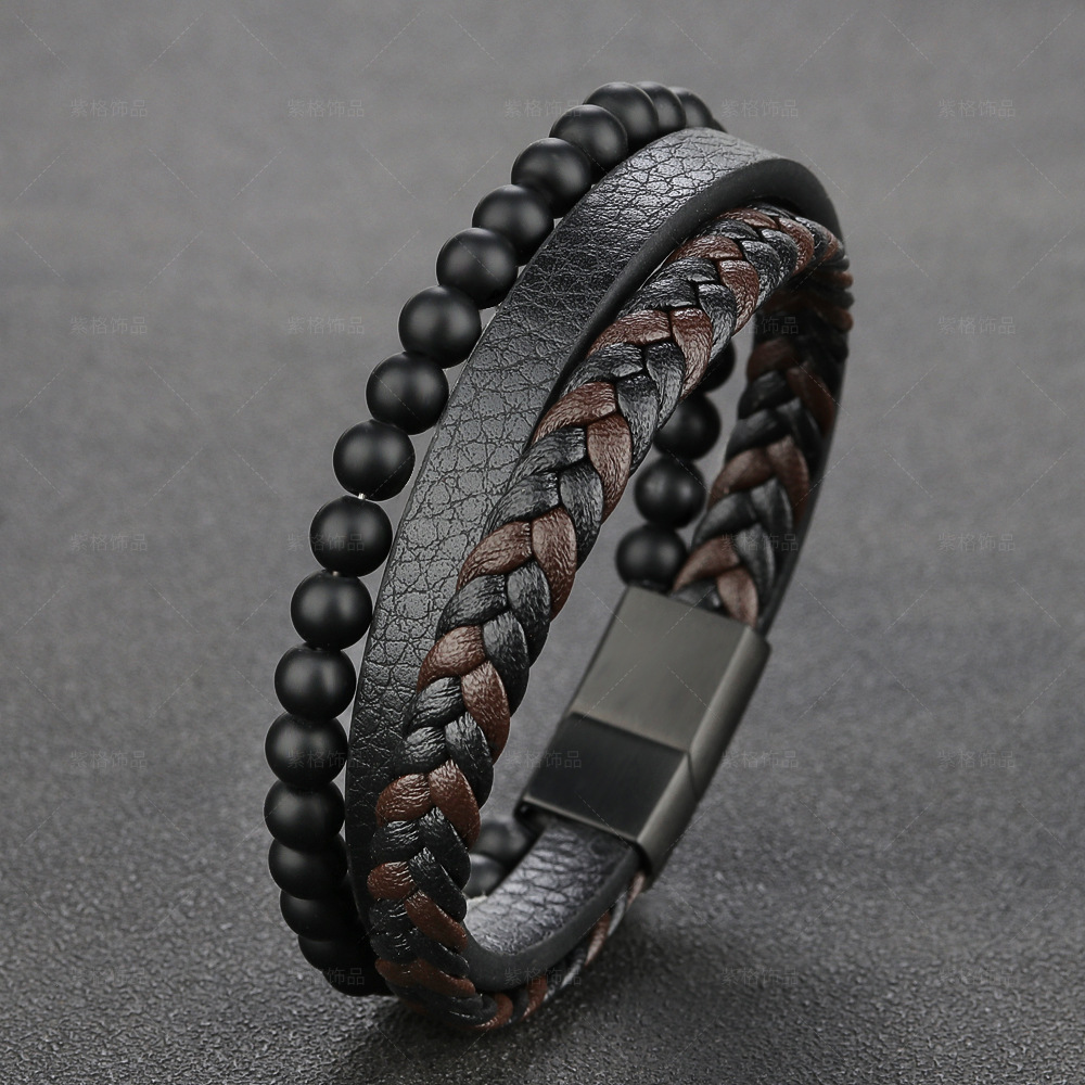 Mens DIY Black And Brown Leather Gemstone Black plated Stainless Steel Clasp Bracelet For Wholesale