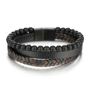 Mens DIY Black And Brown Leather Gemstone Black plated Stainless Steel Clasp Bracelet For Wholesale