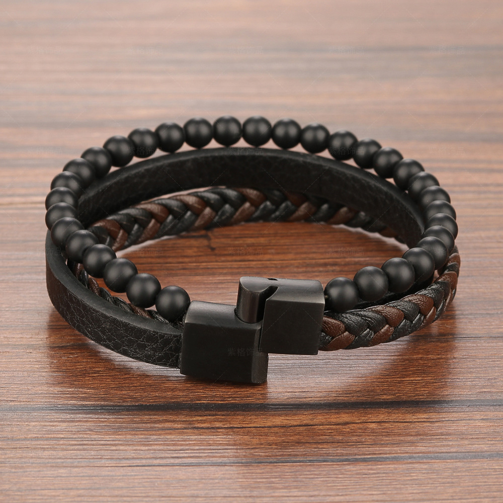 Mens DIY Black And Brown Leather Gemstone Black plated Stainless Steel Clasp Bracelet For Wholesale