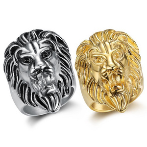 316 Stainless Steel Hip Hop Lion Head Hand Polished Vacuum Gold Plated Men's Ring