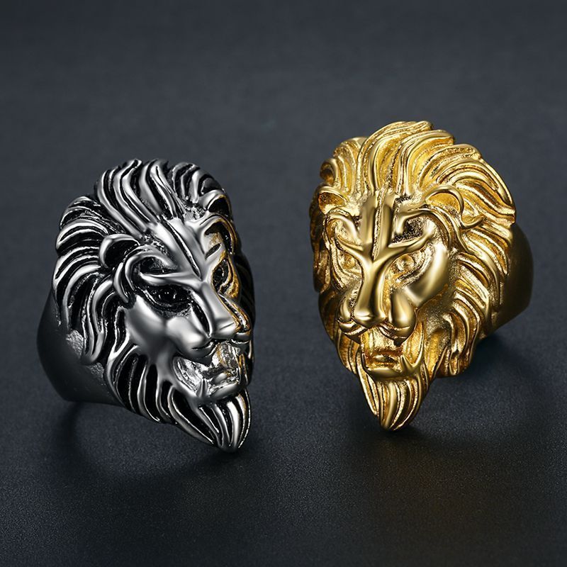 316 Stainless Steel Hip Hop Lion Head Hand Polished Vacuum Gold Plated Men's Ring