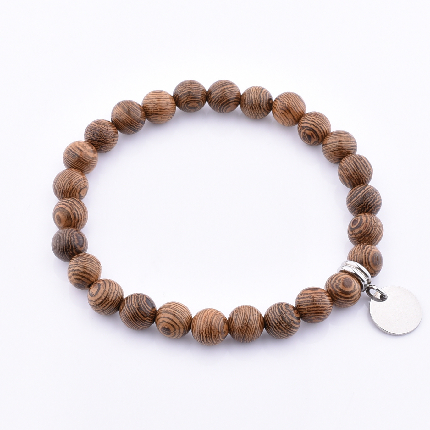 Hot Sale Wood Vintage Stainless Steel Locket 6MM Petrified Silk Wood Bead Bracelet For Men