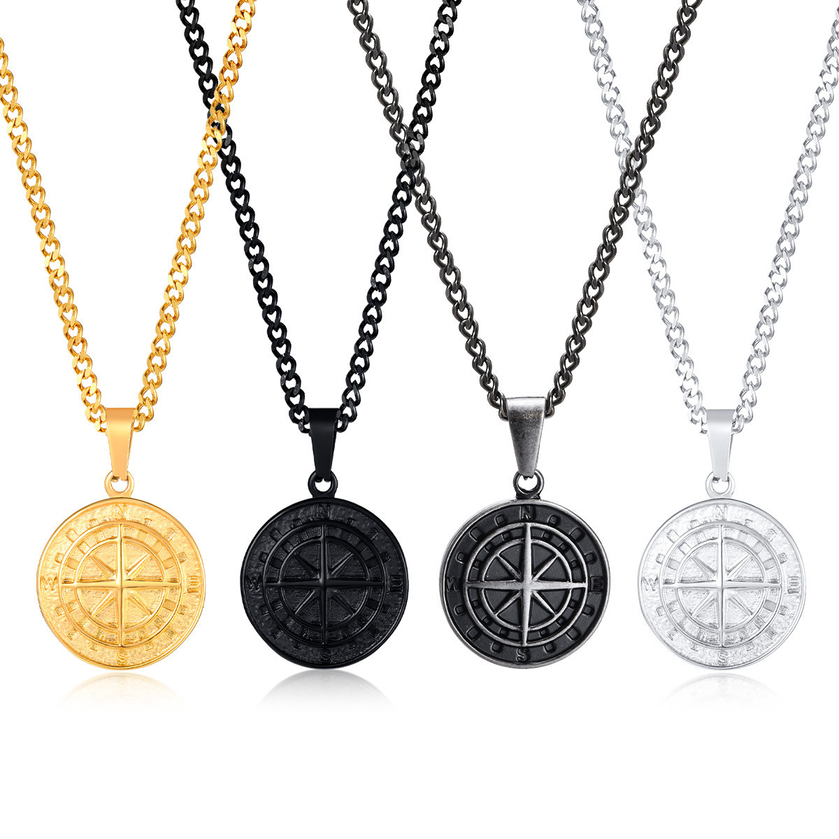 Stylish simple hip hop style Stainless steel Compass Pendant Gold coin Compass pendant men's necklace