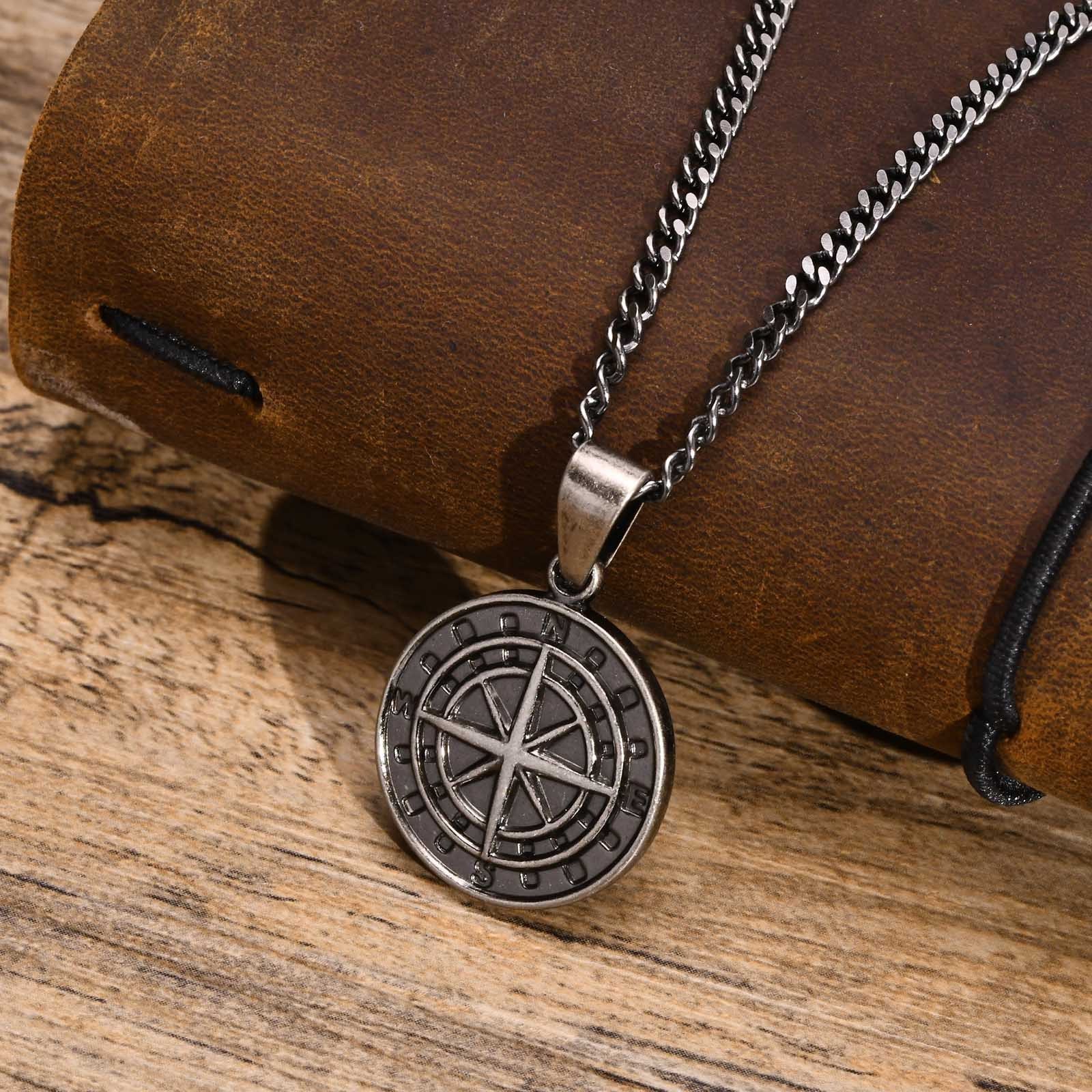 Stylish simple hip hop style Stainless steel Compass Pendant Gold coin Compass pendant men's necklace