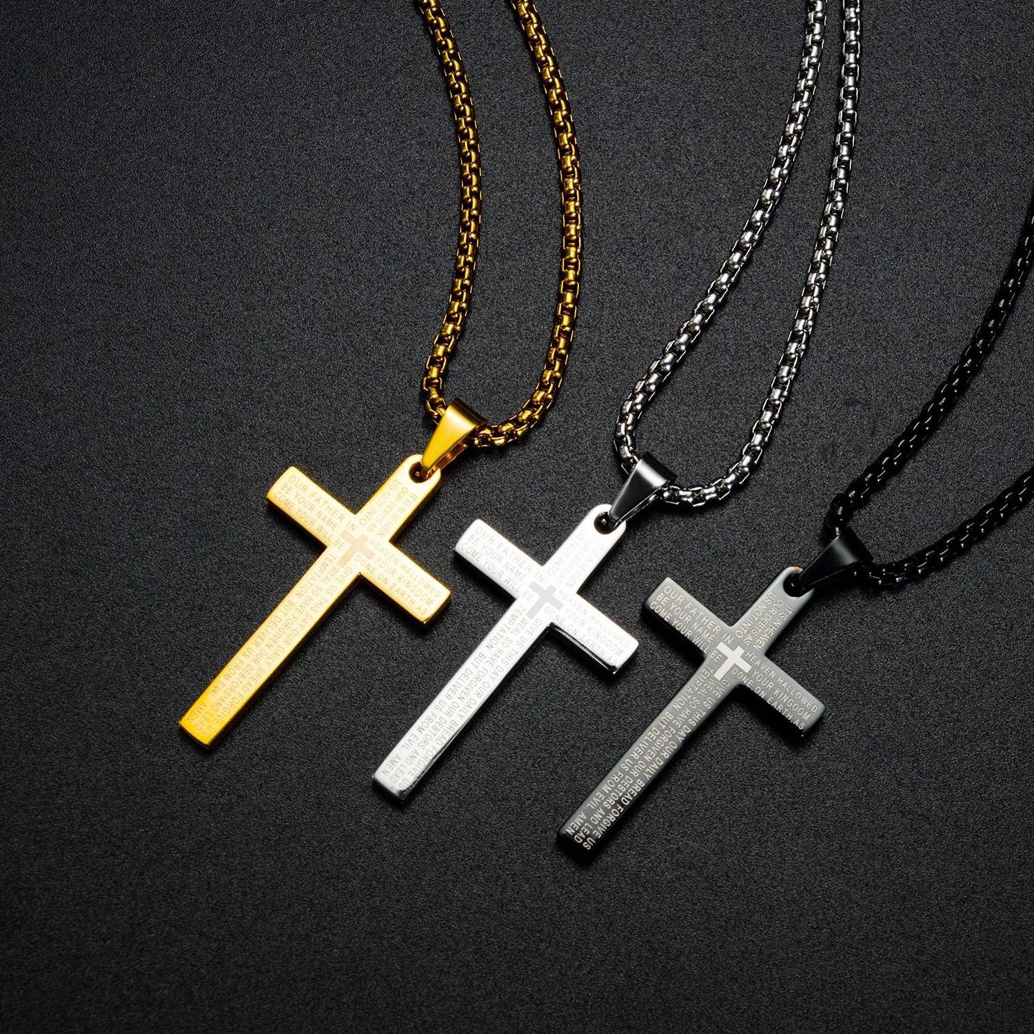 High Polished IP Gold Black Silver Plating Scriptures Engraved Stainless Steel Cross Pendant Necklace