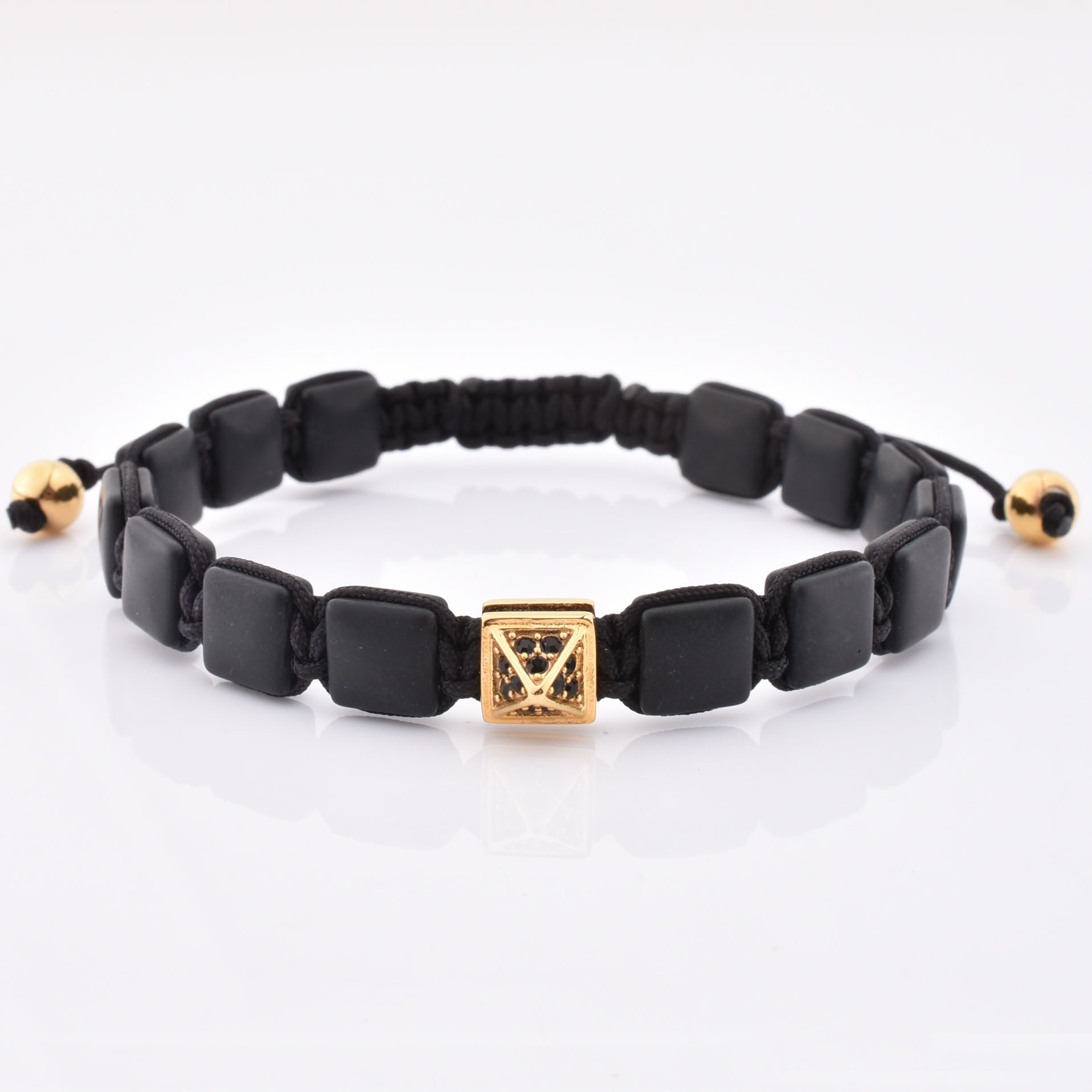 Black Flat Square Bead Bracelet  Matt Onxy  Charm With crystal Adjustable Beaded Bracelet Natural Gemstone Bracelet