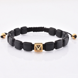 Black Flat Square Bead Bracelet  Matt Onxy  Charm With crystal Adjustable Beaded Bracelet Natural Gemstone Bracelet