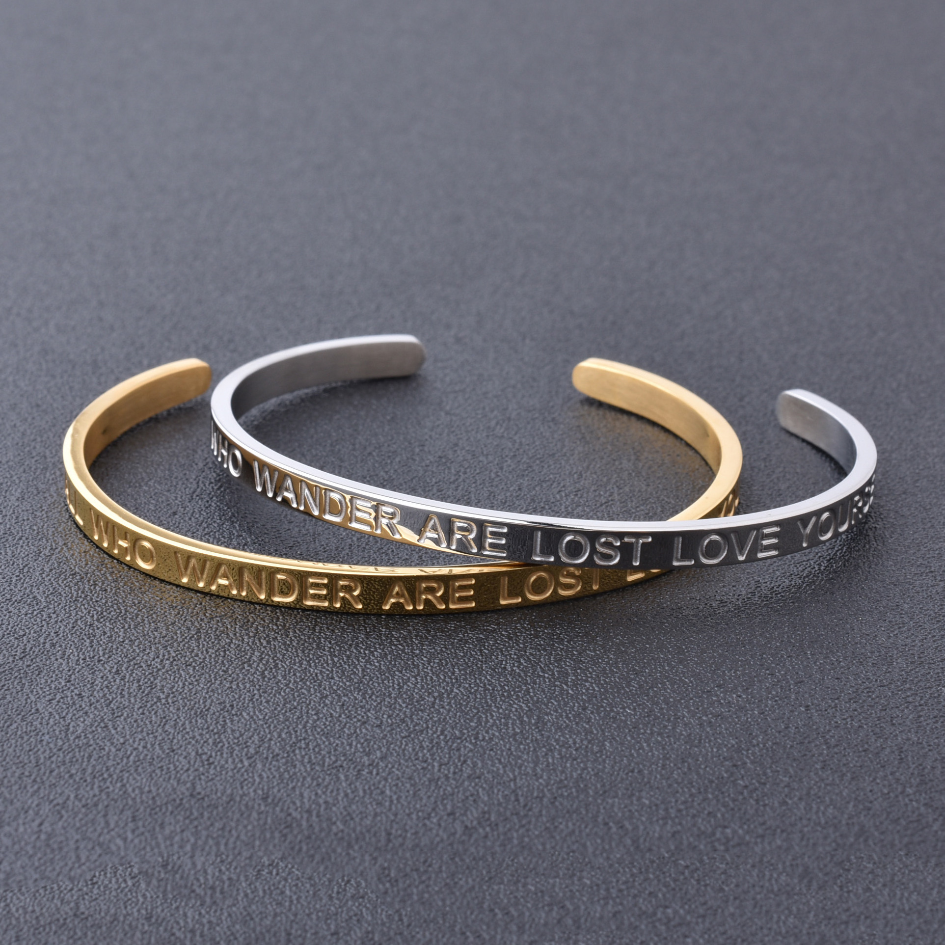 High Quality Engraved Words Logo Gold Plated Woman Mens Custom Logo Stainless Steel Bracelet Gold Cuff Bangle