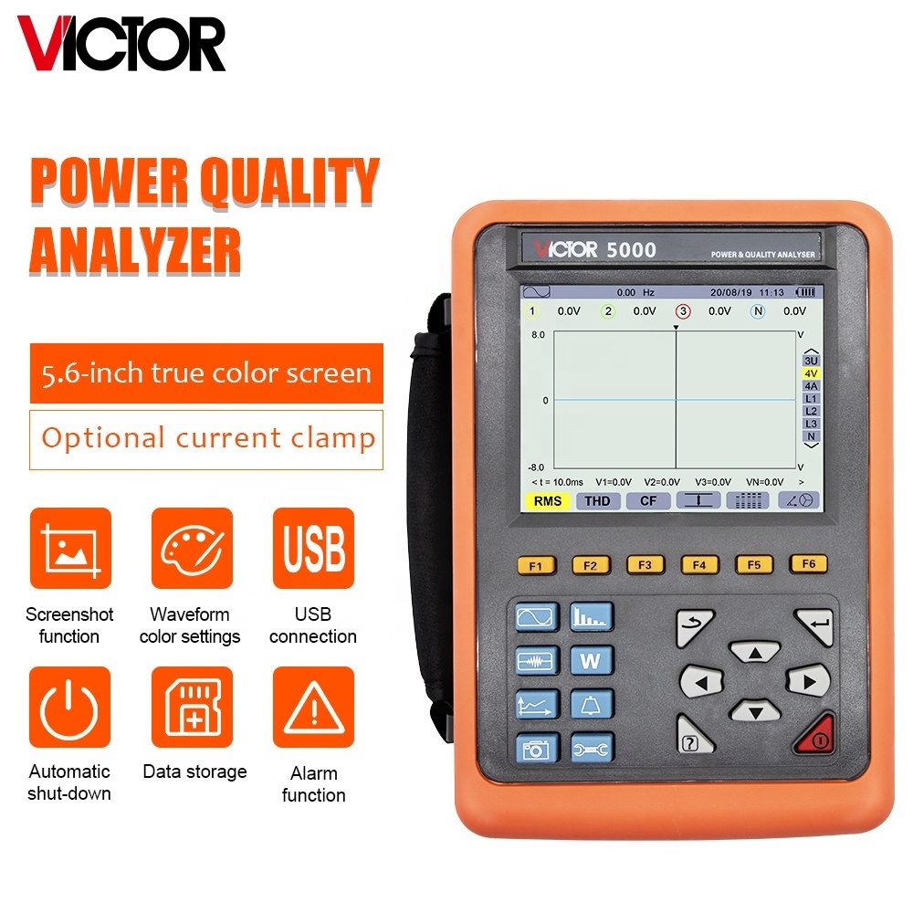 VICTOR 5000 100A Current sensor 5.6 -inch Power Quality Analyzer 4 channels 40Hz~70Hz 1000V USB True RMS Electric Power Tester