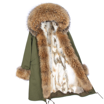 Drop Shipping Maomaokong X-long Parka Real raccoon fur at hood front placket and cuffs coat X-long real fur jacket