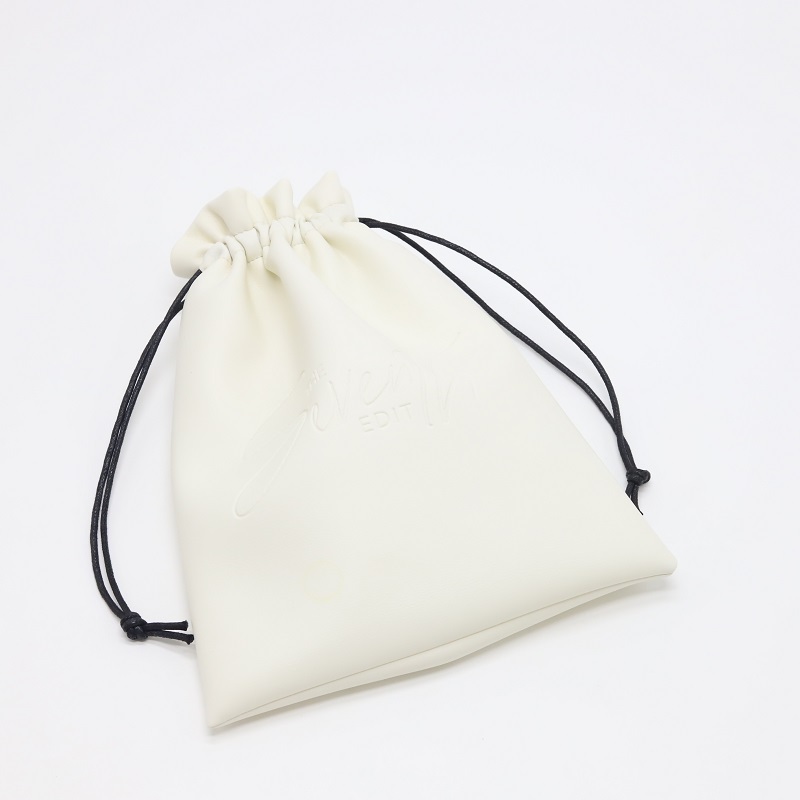 Custom Embossed Logo Beige Pu Leather Drawstring Waterproof Bag Recycled Soft Cosmetic Gift Leather Packaging Dust Bags