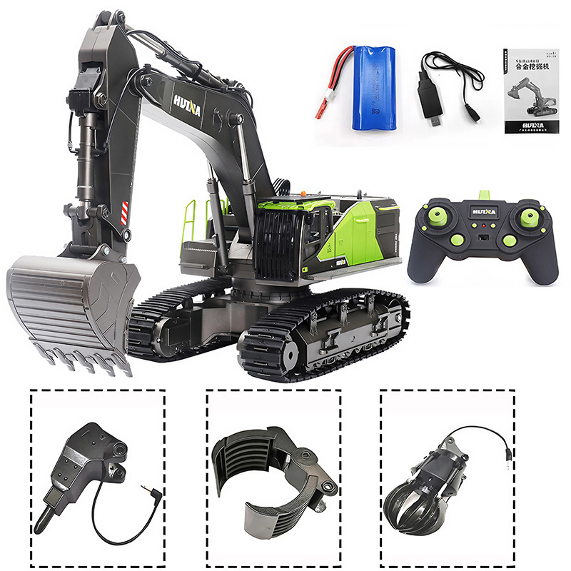 Huina 1593 Sound Led Lights Diecast Tracked Machine 2.4G Proportional Remote Control RC Timber Grab Excavator Toy For Kids