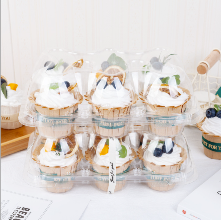 Disposable 6 Count Hinged Clamshell PET Mini Transparent Clear Individual Plastic Muffin Cupcake Containers Boxes and Packaging