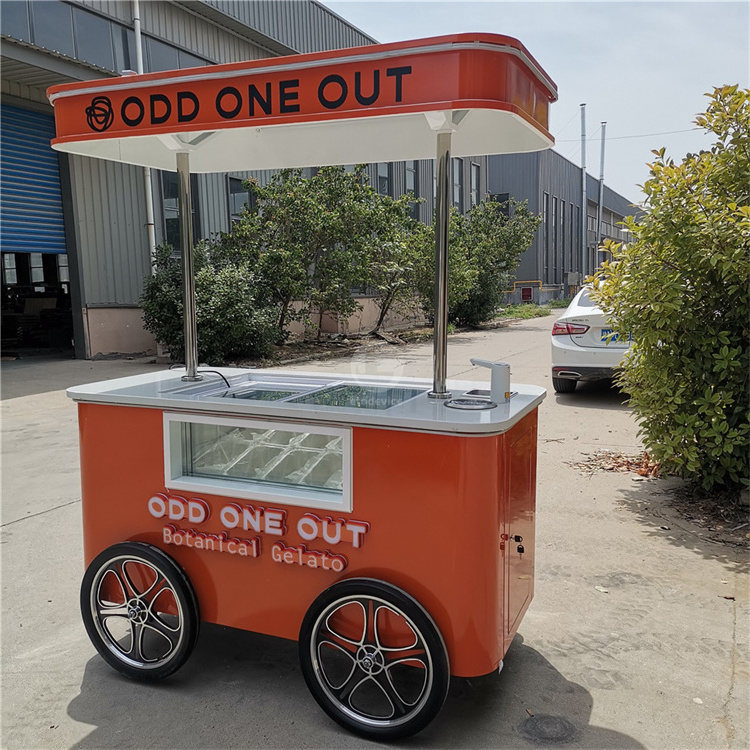 Mobile ice cream cart hand push cart with parasol used outdoor ice cream vending cart for sale