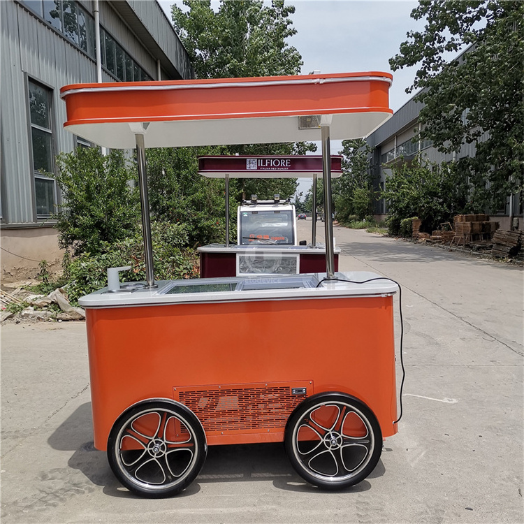 Mobile ice cream cart hand push cart with parasol used outdoor ice cream vending cart for sale