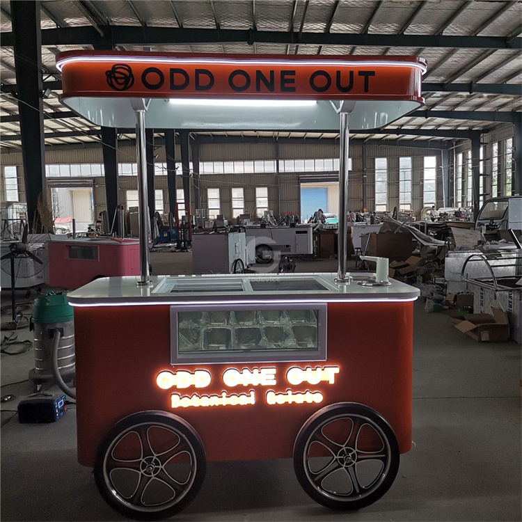 Mobile ice cream cart hand push cart with parasol used outdoor ice cream vending cart for sale