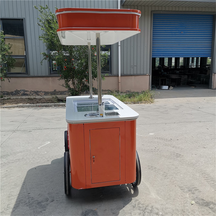 Mobile ice cream cart hand push cart with parasol used outdoor ice cream vending cart for sale