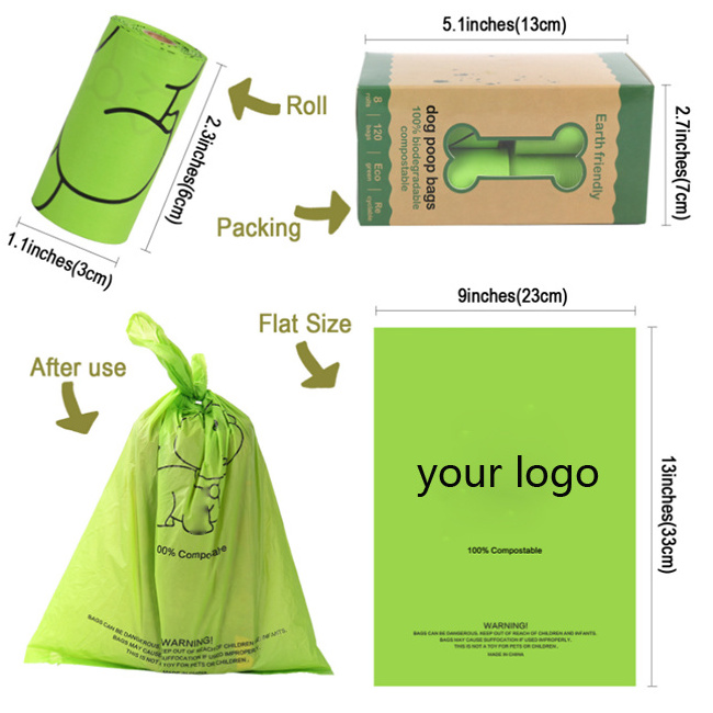 Custom printed eco friendly biodegradable compostable corn starch  disposable scented unscented green doggie dog waste poop bags