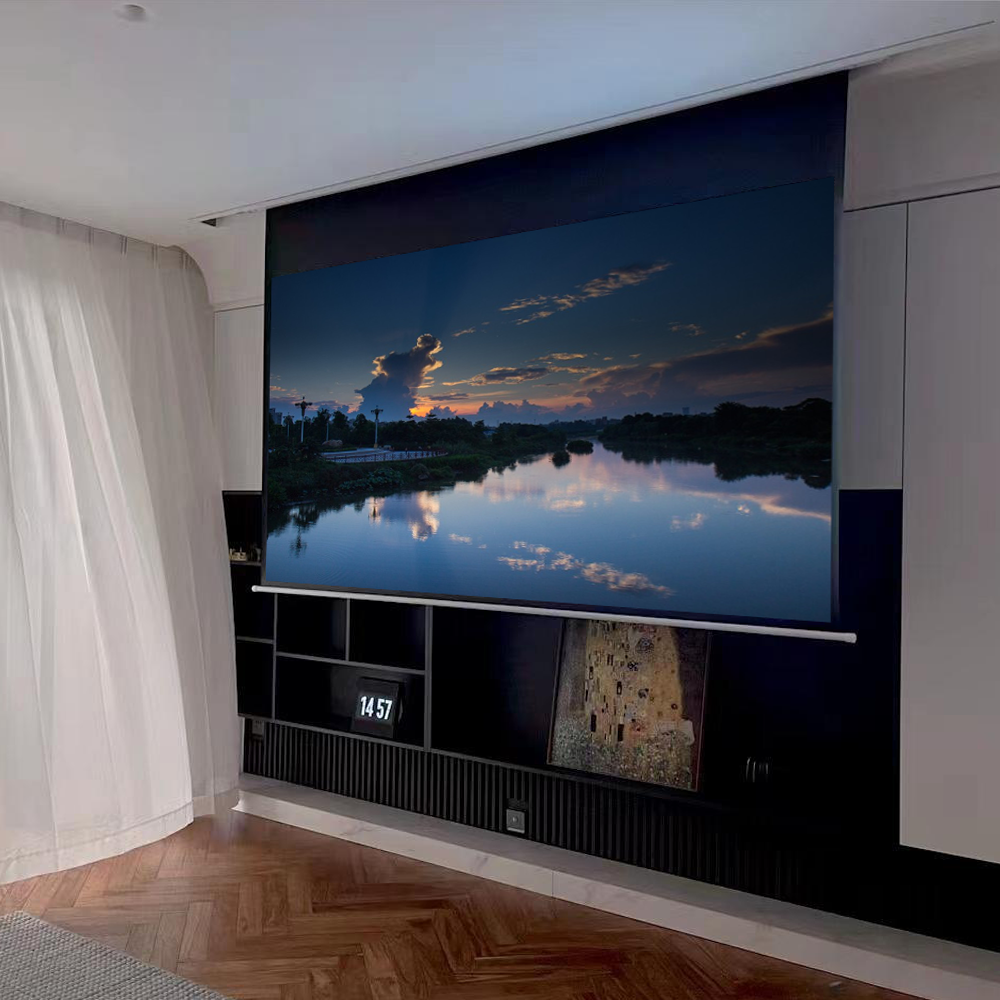 White Glass Fiber 110 Inch 16:9 Electric Lifting Room Tv In-Ceiling Acoustic Transparent Hidden Projection Screen