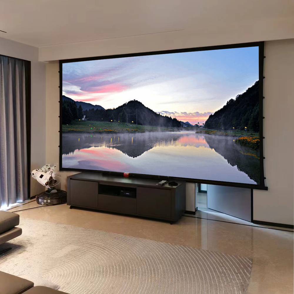 White Glass Fiber 110 Inch 16:9 Electric Lifting Room Tv In-Ceiling Acoustic Transparent Hidden Projection Screen