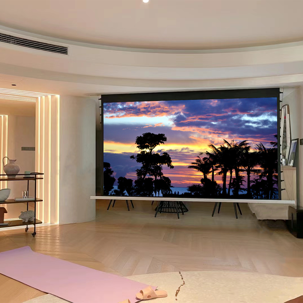 White Glass Fiber 110 Inch 16:9 Electric Lifting Room Tv In-Ceiling Acoustic Transparent Hidden Projection Screen