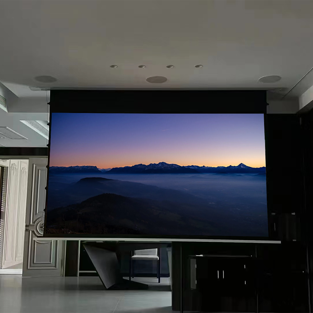 White Glass Fiber 110 Inch 16:9 Electric Lifting Room Tv In-Ceiling Acoustic Transparent Hidden Projection Screen