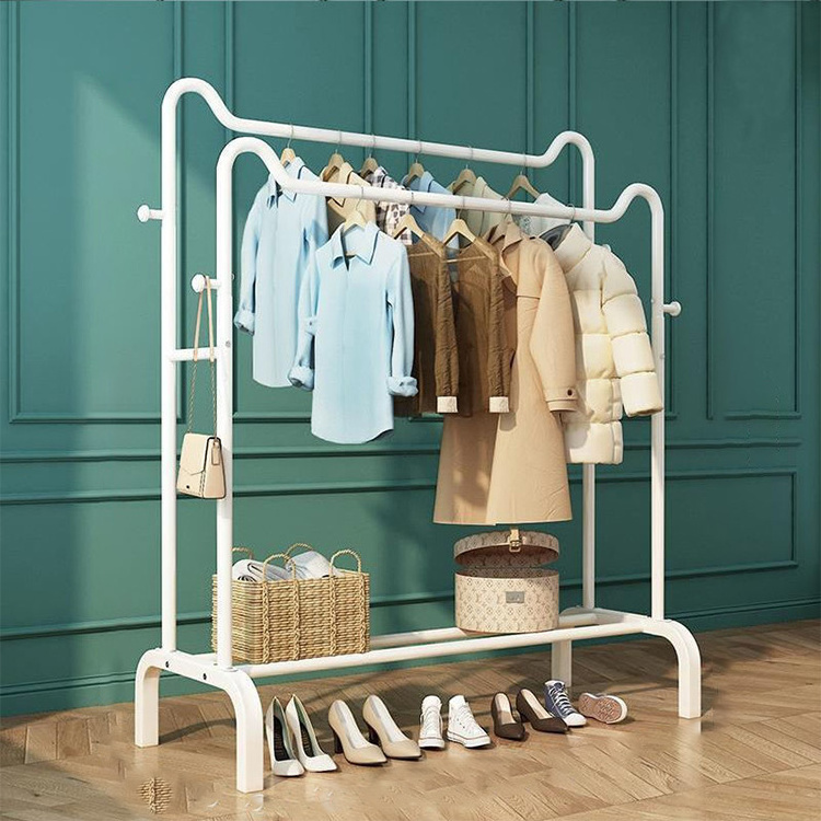 Metal Clothes Rail Double Pole Coat Rack Freestanding Garment Rack Hanger With 4 Side Hooks And 2-tier Lower Storage Shelf