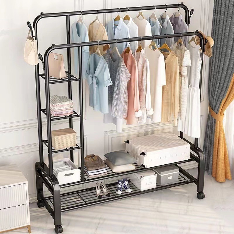 Double Pole Metal Black Coating telescopic and adjustable clothes hanger with shoe rack