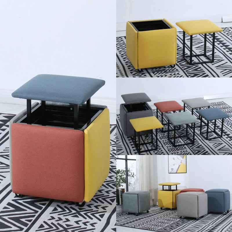 Modern New Design Nesting Folding Sofa Chairs 5 In 1 Sofa Stool Hidden Seats Foldable Ottoman Stools With Metal Legs Cube Chair