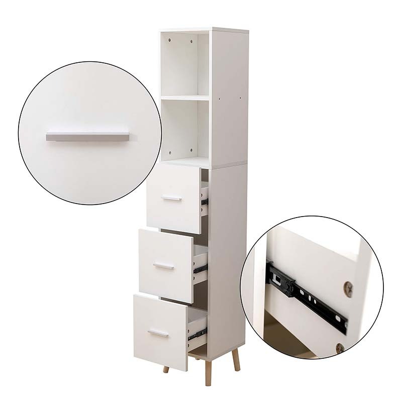 Narrow Slim Tower Cabinet 3 Drawers 2 Open Shelves Freestanding Storage Cabinet for Living Room Kitchen Office Study Entryway