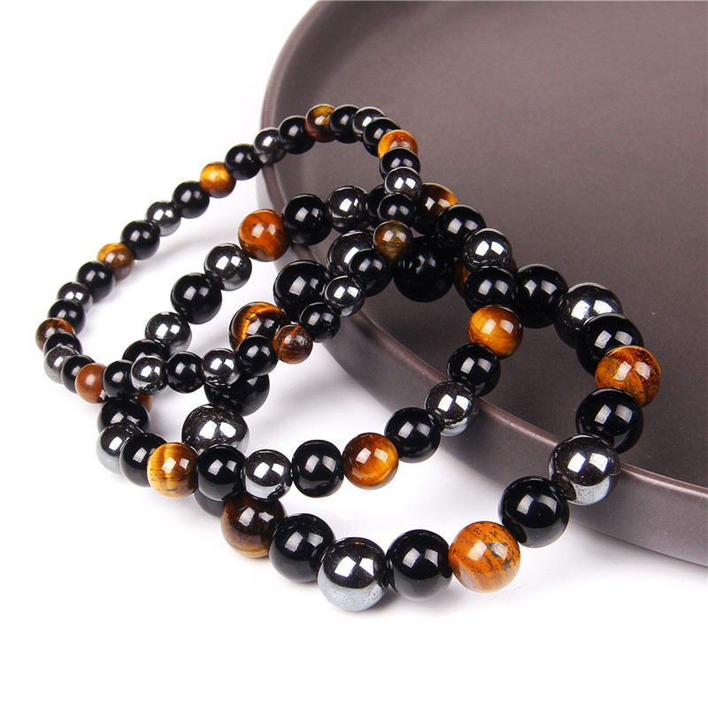 gemstone black obsidian hematite elastic healing energy magnetic mens tiger eye crystals stone triple protection bead bracelet