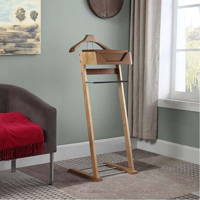 Suite Valet Stand with Top Tray Contour Hanger Trouser Bar Shoe Light Walnut cloth rack suit display rack