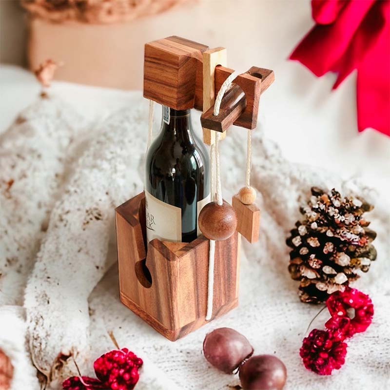 Wine Bottle Puzzle Challenging 3D Wooden Bottle Holder and Wine Lock Puzzle Games Rustic Room Decor wine bottle puzzle