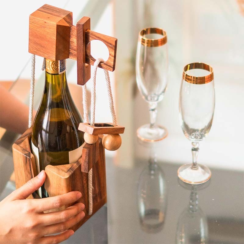 Wine Bottle Puzzle Challenging 3D Wooden Bottle Holder and Wine Lock Puzzle Games Rustic Room Decor wine bottle puzzle