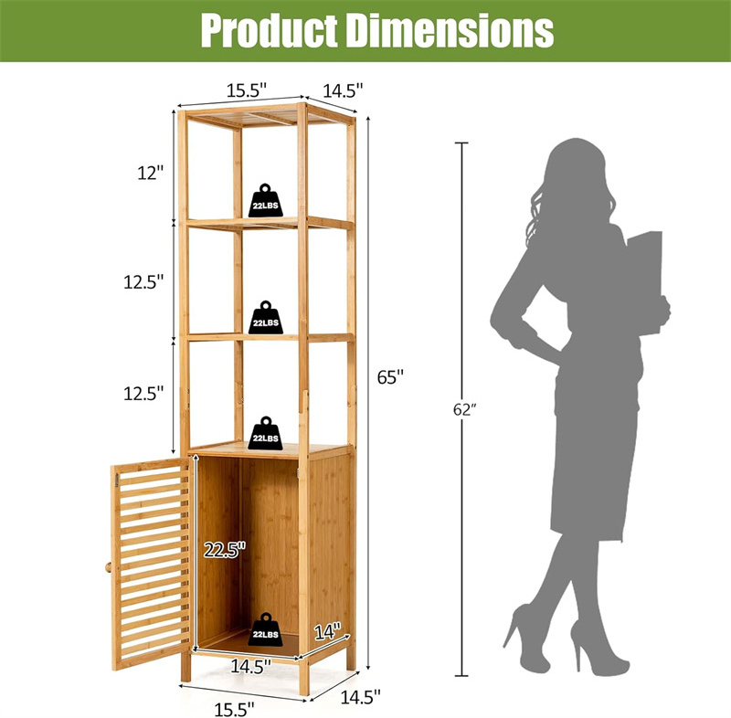 Narrow Multifunctional Linen Tower Cabinet with Shutter Door and 3 Open Shelves Tall Slim Bathroom Storage Cabinet Freestanding