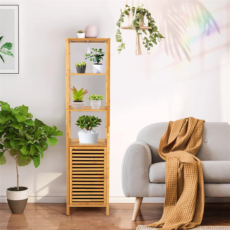 Narrow Multifunctional Linen Tower Cabinet with Shutter Door and 3 Open Shelves Tall Slim Bathroom Storage Cabinet Freestanding