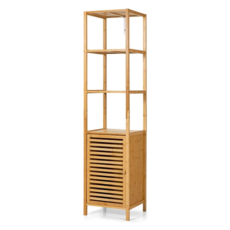 Narrow Multifunctional Linen Tower Cabinet with Shutter Door and 3 Open Shelves Tall Slim Bathroom Storage Cabinet Freestanding