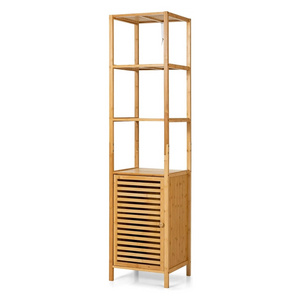 Narrow Multifunctional Linen Tower Cabinet with Shutter Door and 3 Open Shelves Tall Slim Bathroom Storage Cabinet Freestanding