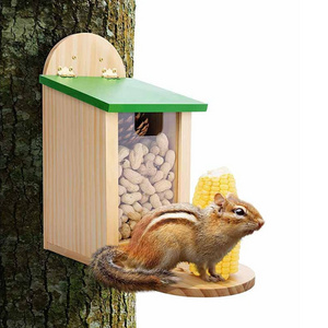 Outside Garden Wooden Squirrel Feeder Box Squirrel Feeding Stations with Green Cover Easy to Fill Squirrel Feeding House