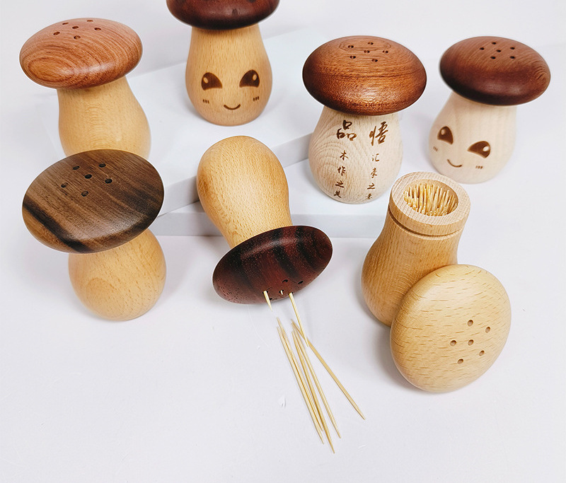 wooden creative cartoon smiling face mushroom toothpick holder beech wood toothpick dispensers can storage box