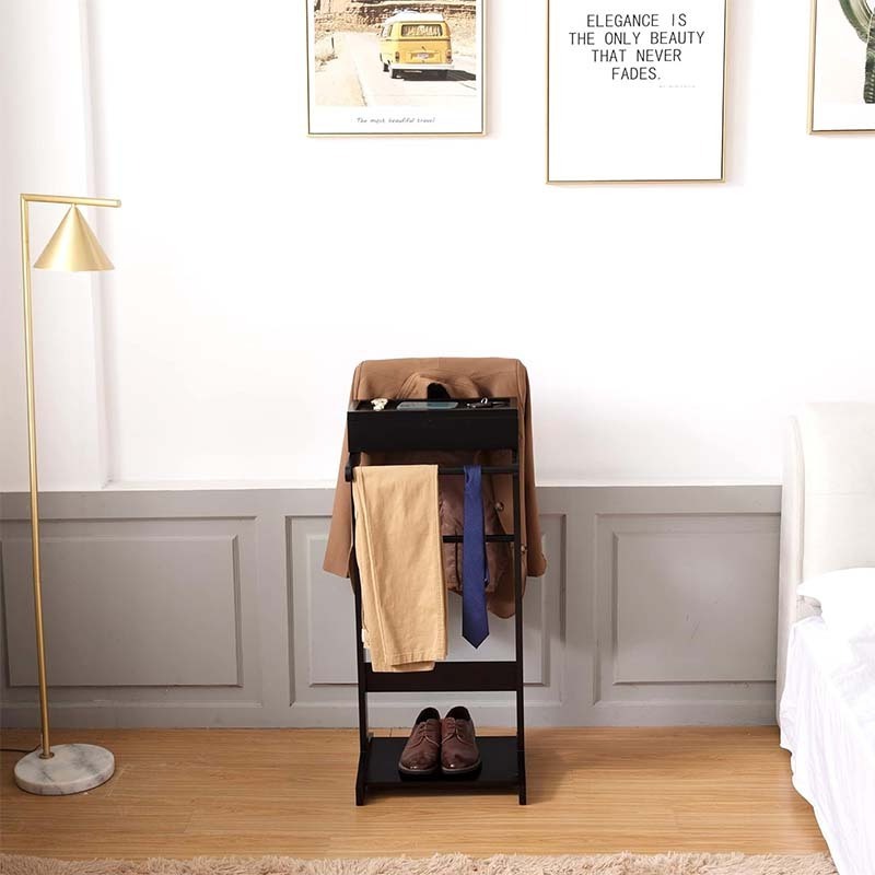 Valet Stand for Men Black Clothes Valet Stand with Top Tray Flip-up Storage Compartment Using in Entryway Office Bedroom