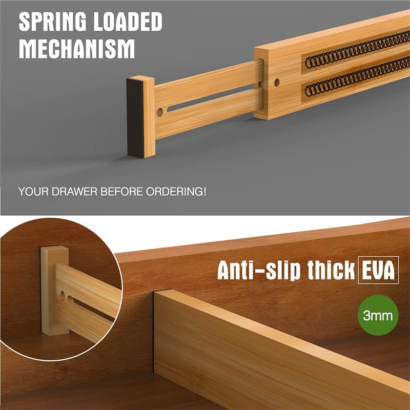 Long Adjustable Spring loaded Organizer for Large Utensil Clothes Tools Bamboo Drawer Dividers Organizers