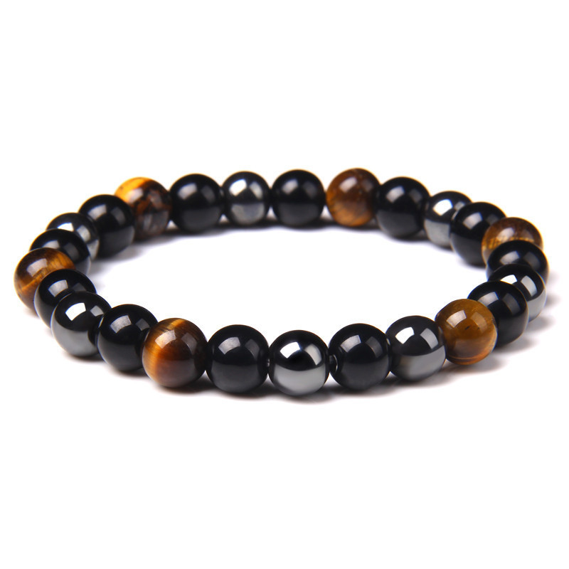 gemstone black obsidian hematite elastic healing energy magnetic mens tiger eye crystals stone triple protection bead bracelet