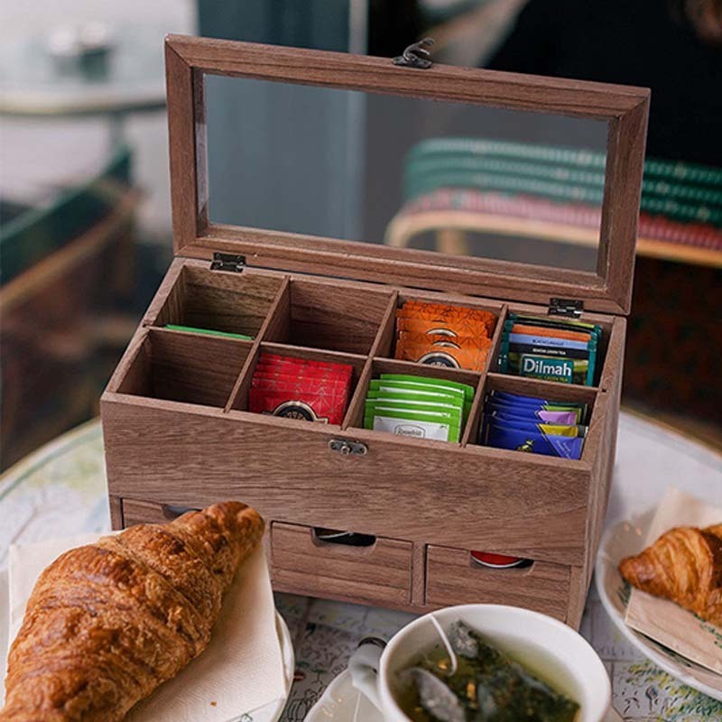 Wooden Tea Box Organizer Tea Storage with 8 Compartments Rustic Tea Bag Holder with 3 Drawers