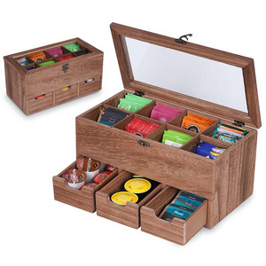 Wooden Tea Box Organizer Tea Storage with 8 Compartments Rustic Tea Bag Holder with 3 Drawers