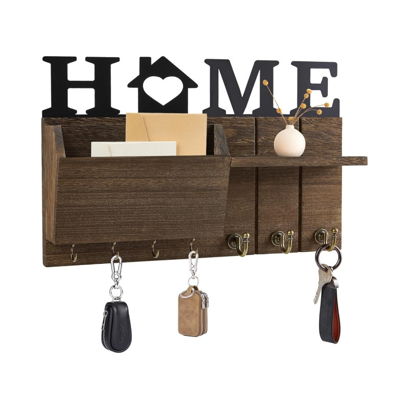 Natural Wooden Key Holder Rustic Farmhouse Entryway Shelf Decorative Rack for Car Keys Wallet