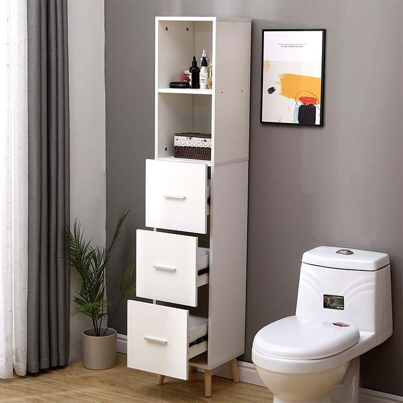 Narrow Slim Tower Cabinet 3 Drawers 2 Open Shelves Freestanding Storage Cabinet for Living Room Kitchen Office Study Entryway