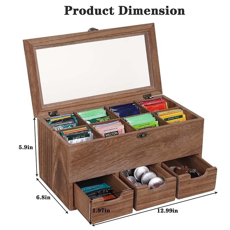 Wooden Tea Box Organizer Tea Storage with 8 Compartments Rustic Tea Bag Holder with 3 Drawers